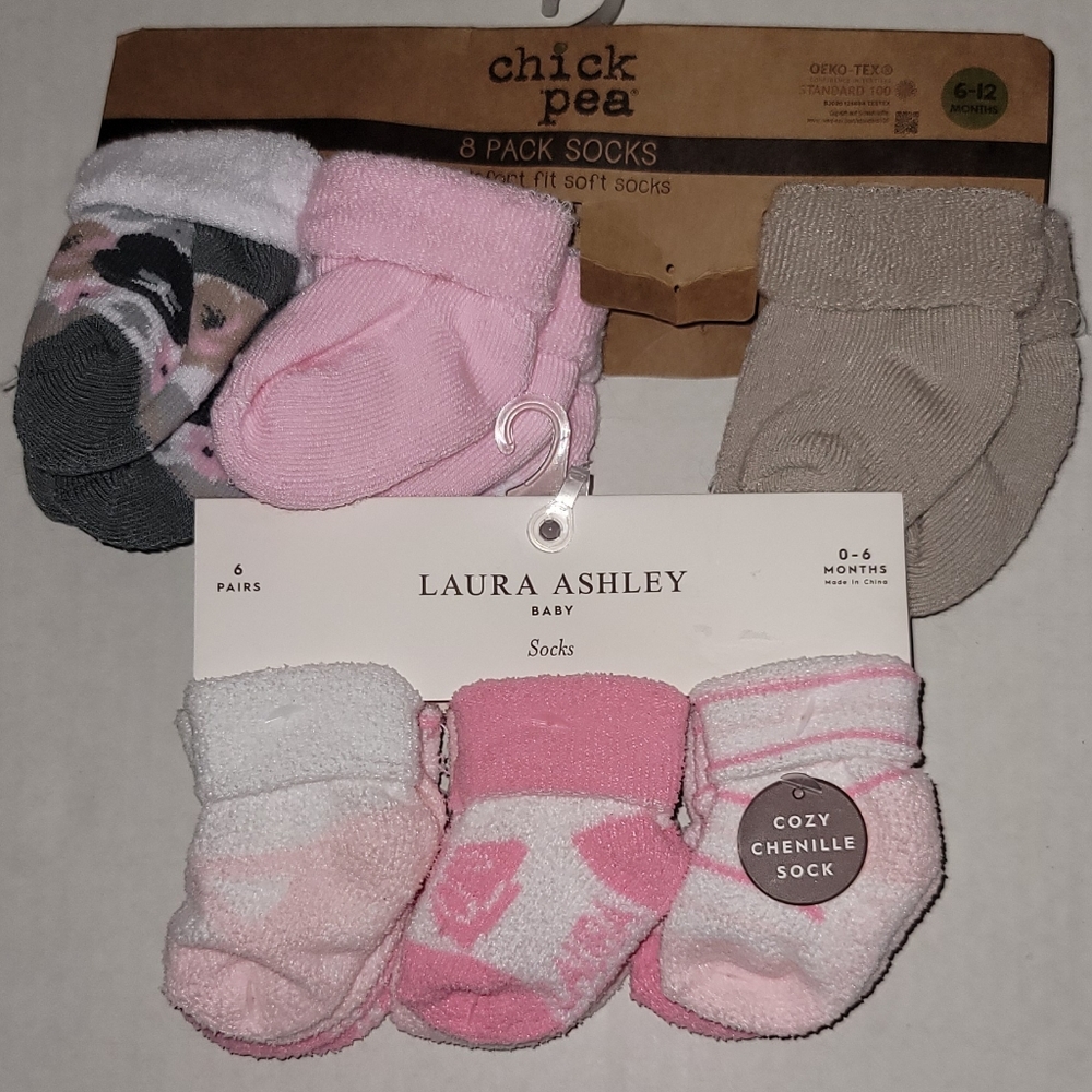 LAURA Ashley Chick Pea socks baby pink white gray ballerina 0 - 6 M